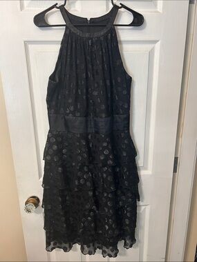Black Halter Tiered Midi Dress with Subtle Metallic Dots